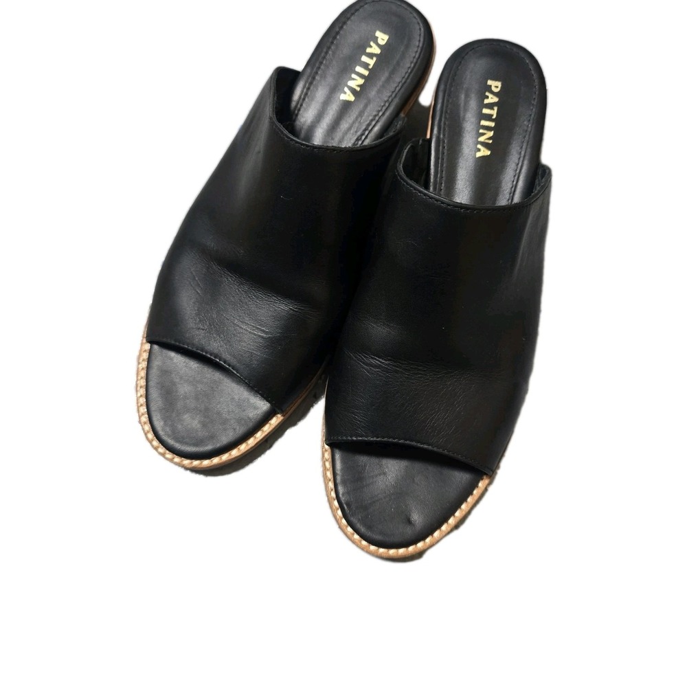 PATINA Handmade Leather Mules Peep Toe Slides Black Women's Size 8.5 / 39 Mexico